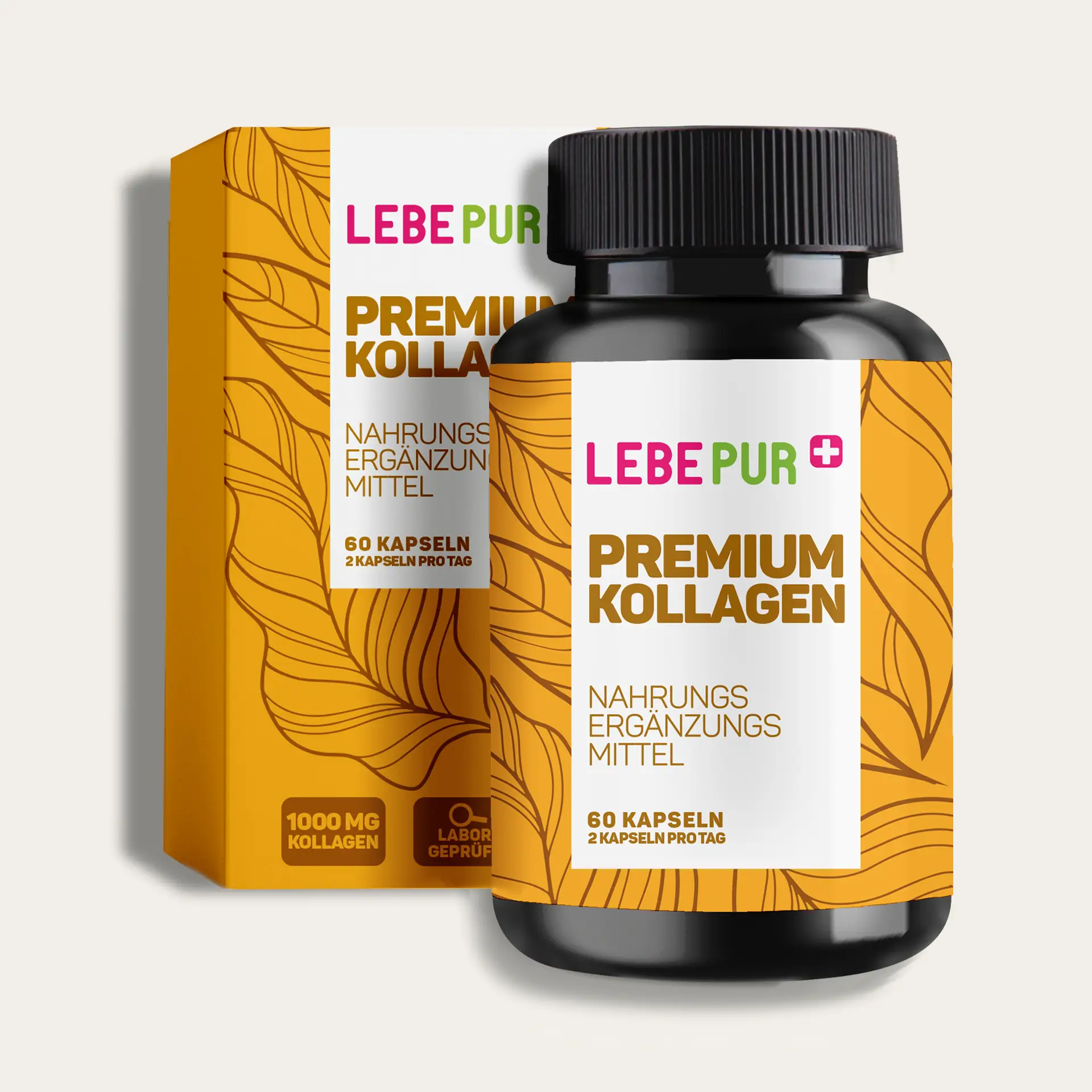 Lebepur Premium Kollagen Kapseln – Dose und Faltschachtel, Vorderansicht