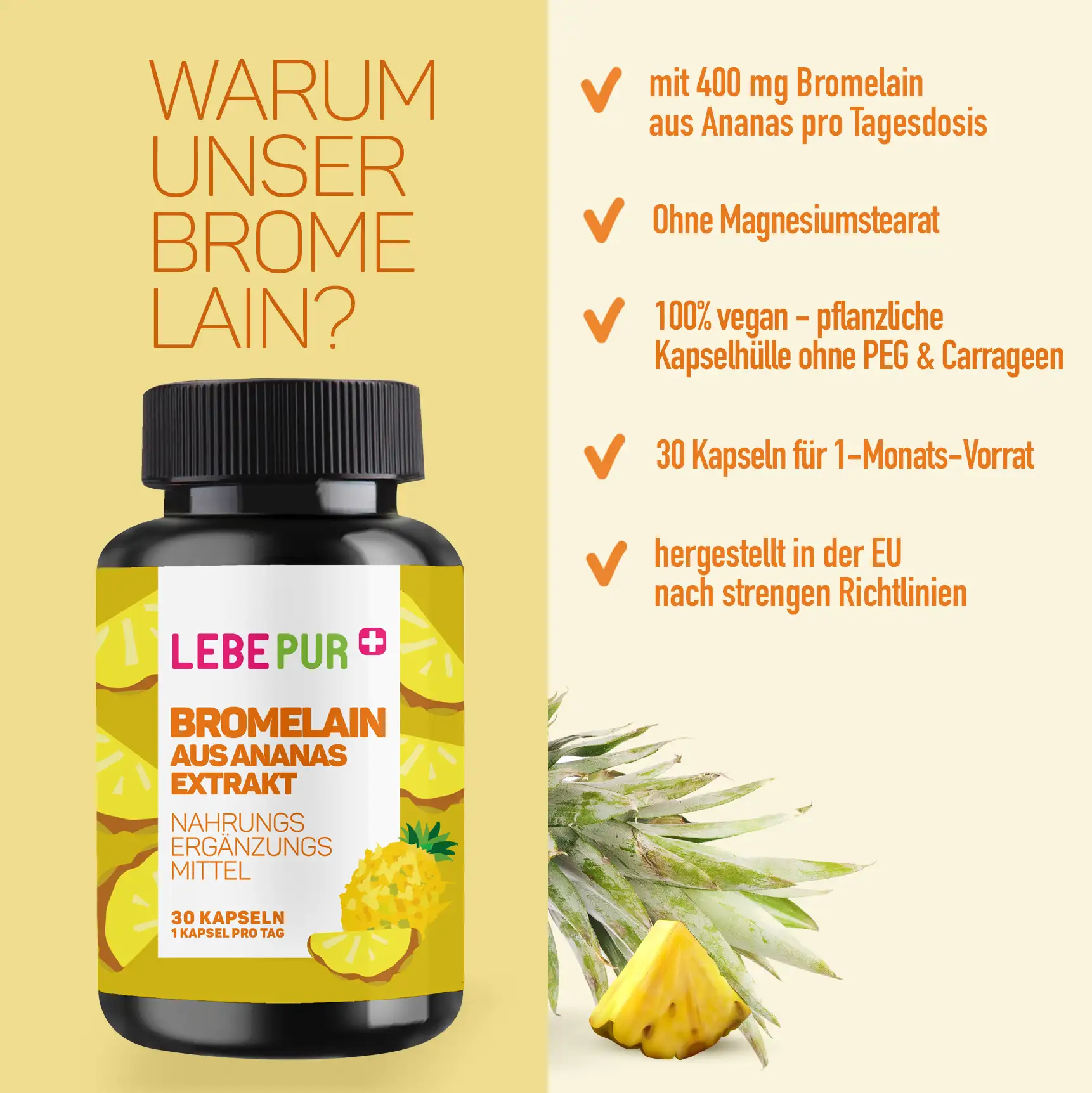 Lebepur Bromelain Kapseln – Infografik mit den wichtigsten Produktvorteilen
