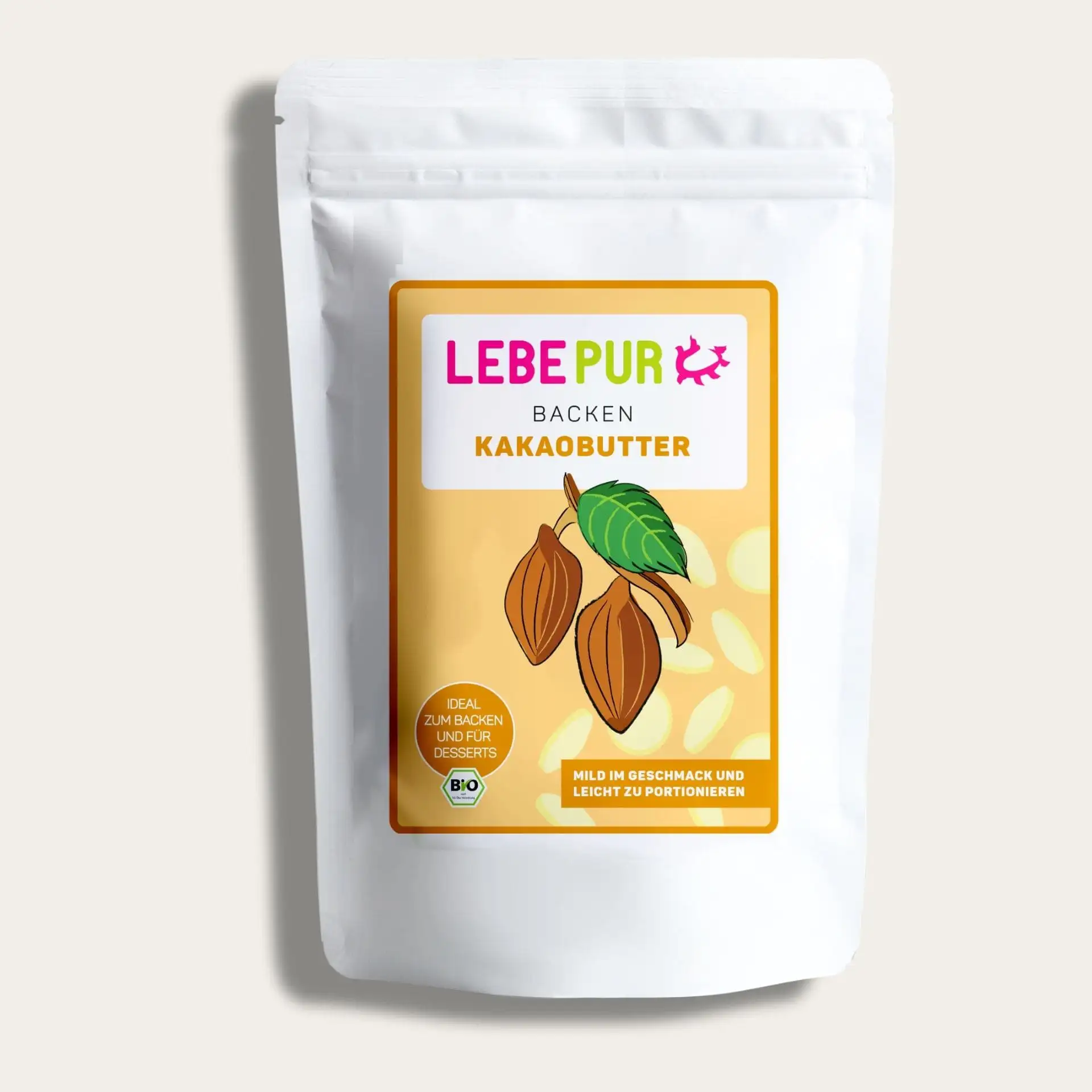 Bio Kakaobutter Beutel - Hochwertige Zutat für kulinarische Köstlichkeiten. Vegan und vielseitig einsetzbar.