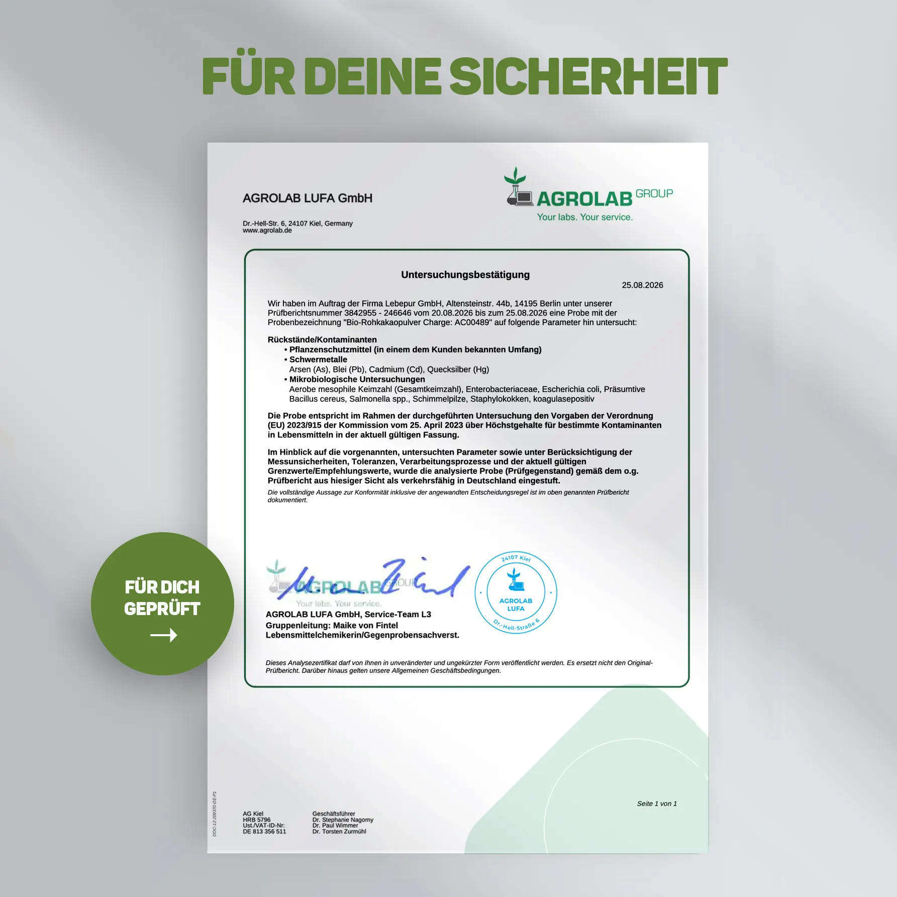 Agrolab Prüfzertifikat für Lebepur Rohkakao -Mikrobiologische Reinheit, Schwermetalle, Pflanzenschutzmittel