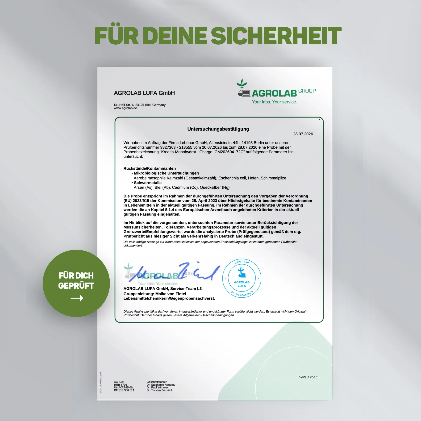 Agrolab-Prüfzertifikat für Lebepur Kreatin Pulver – geprüfte Parameter: Schwermetalle und mikrobiologische Reinheit