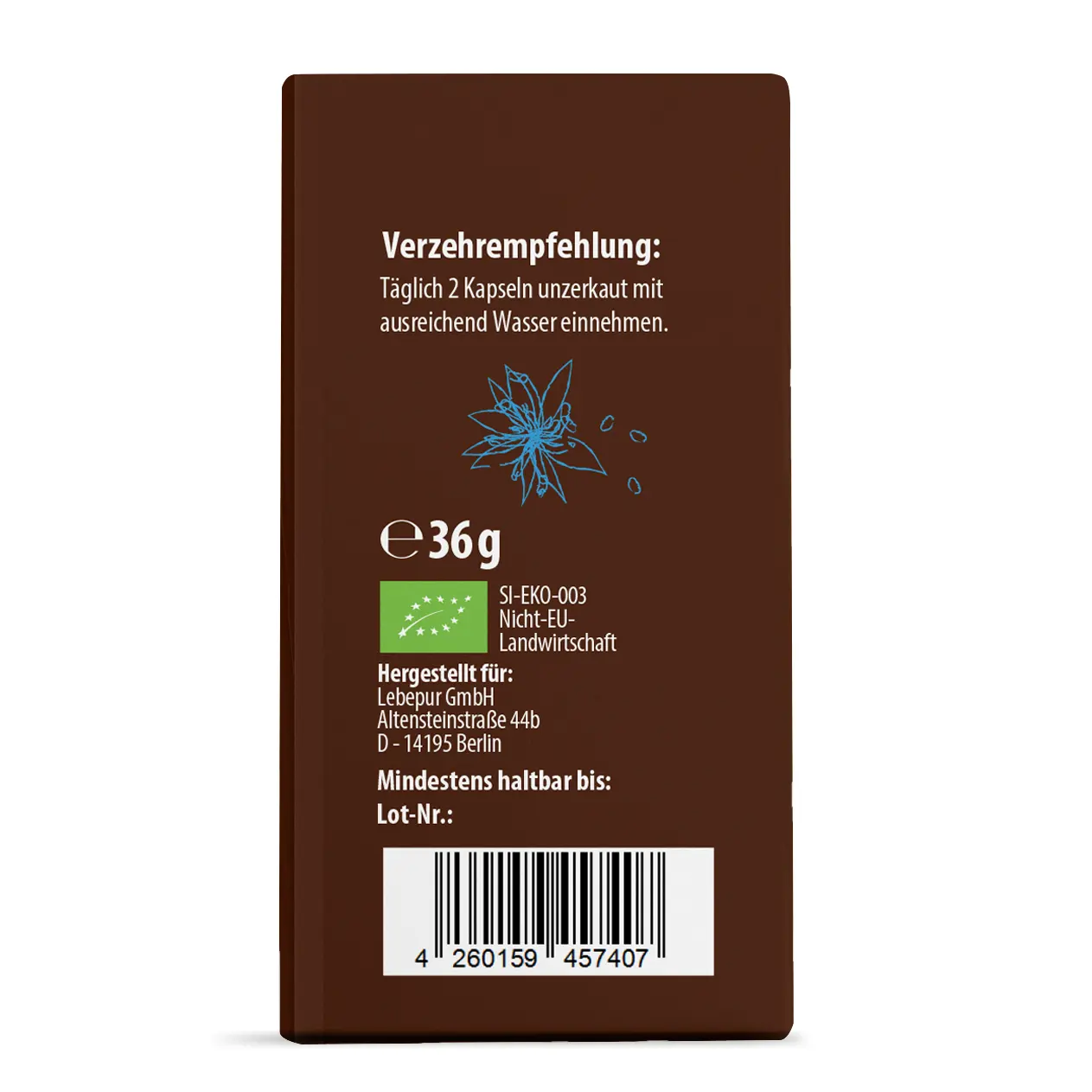 Lebepur Schwarzkuemmeloel Kapseln – Faltschachtel Seitenansicht: Verzehrempfehlung und Pflichtangaben