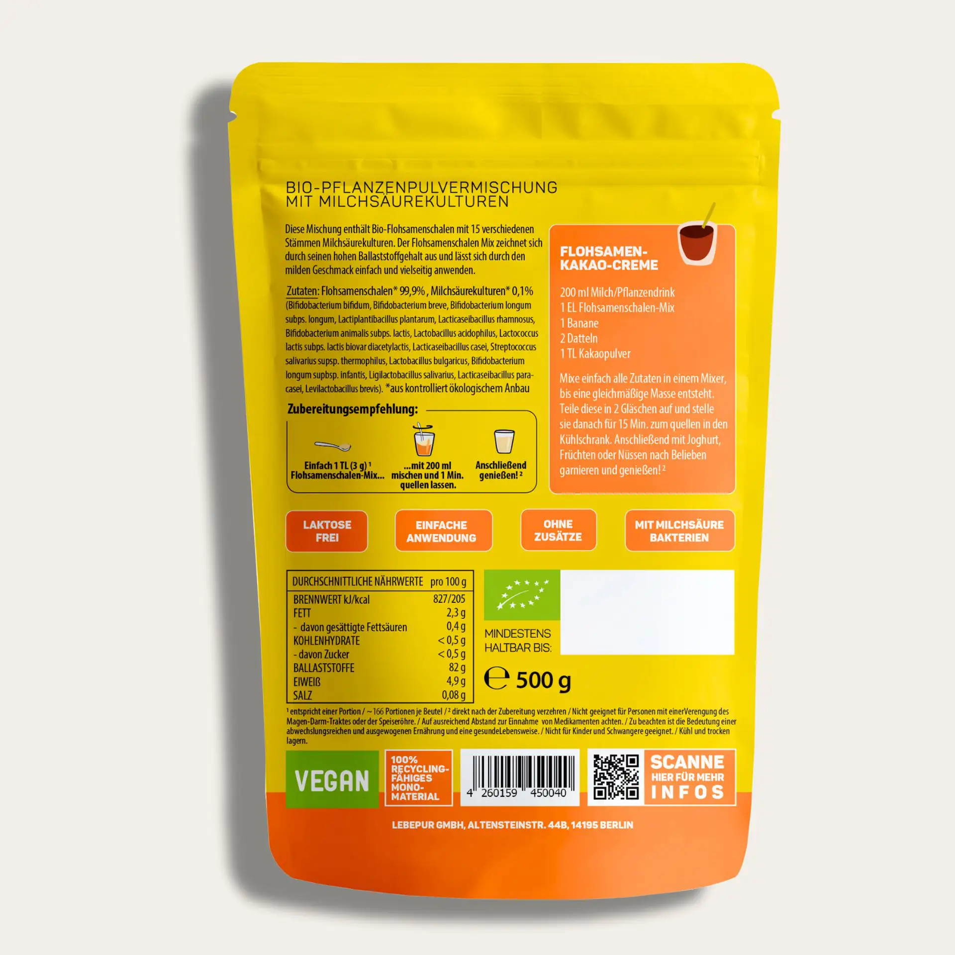 Rückseite der Bio Flohsamenschalen 500g