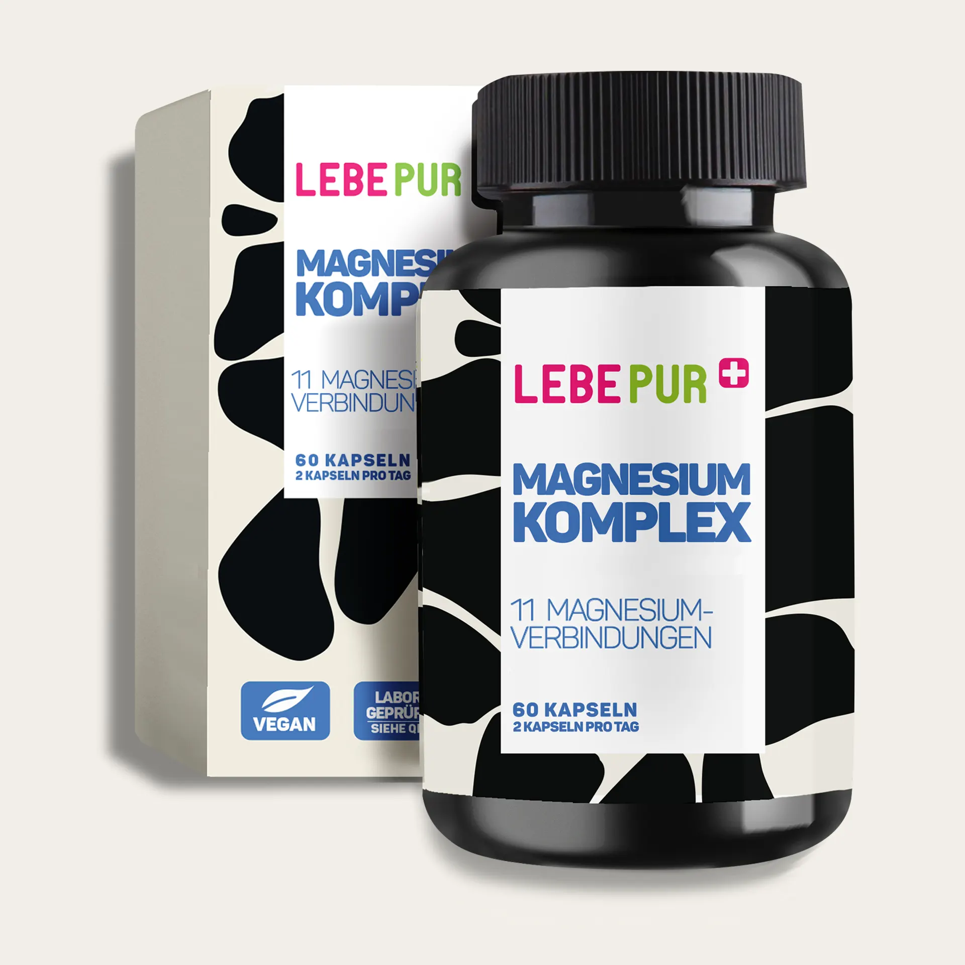 Packshot Lebepur Magnesium Komplex Kapseln (60 Stück) – Dose und Faltschachtel, Vorderansicht mit Aufschrift 11 Magnesium-Verbindungen