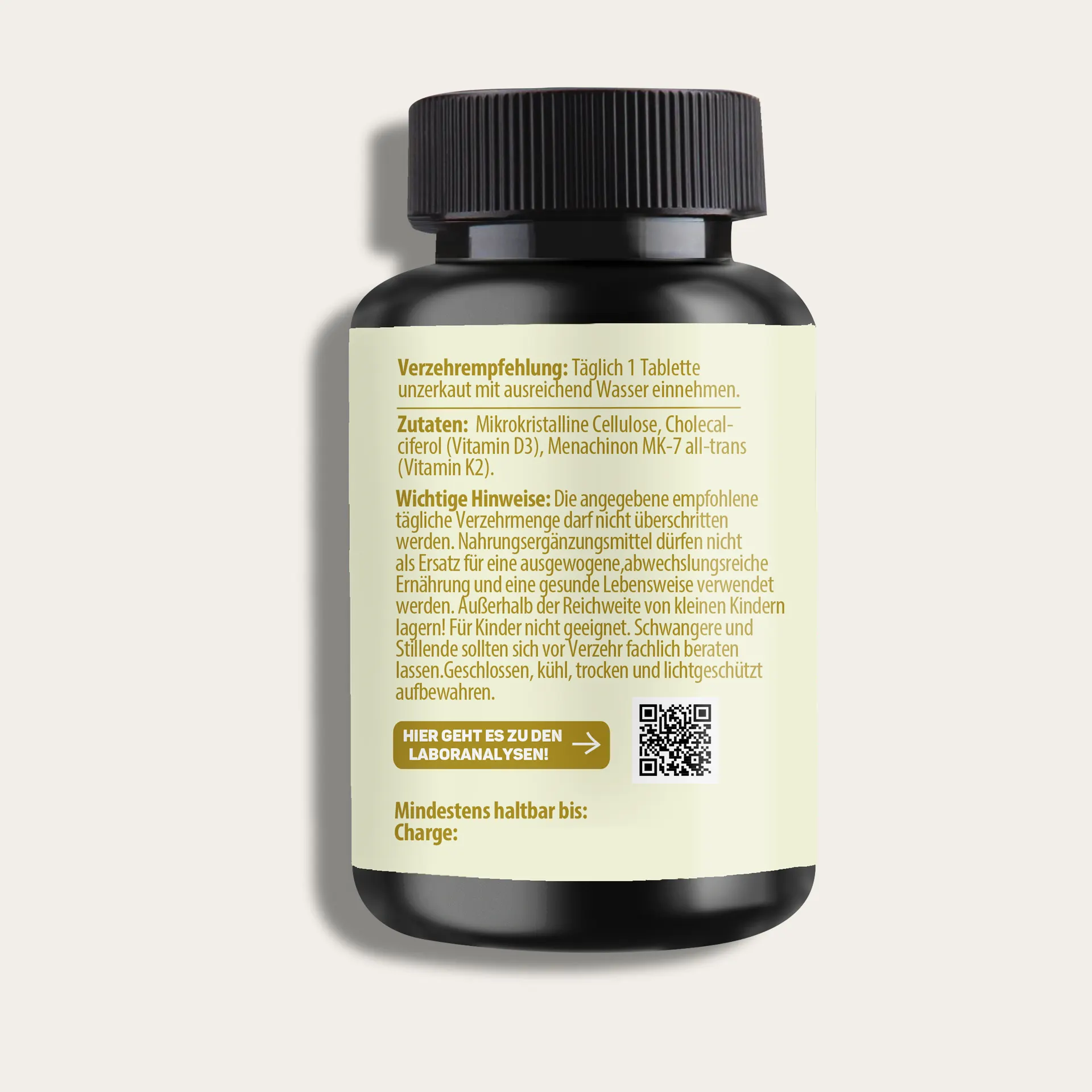 Produktfoto Lebepur Vitamin D3 & K2 Tabletten (180 Stück) – Dose Rückansicht mit Verzehrempfehlung, Zutaten und Hinweise