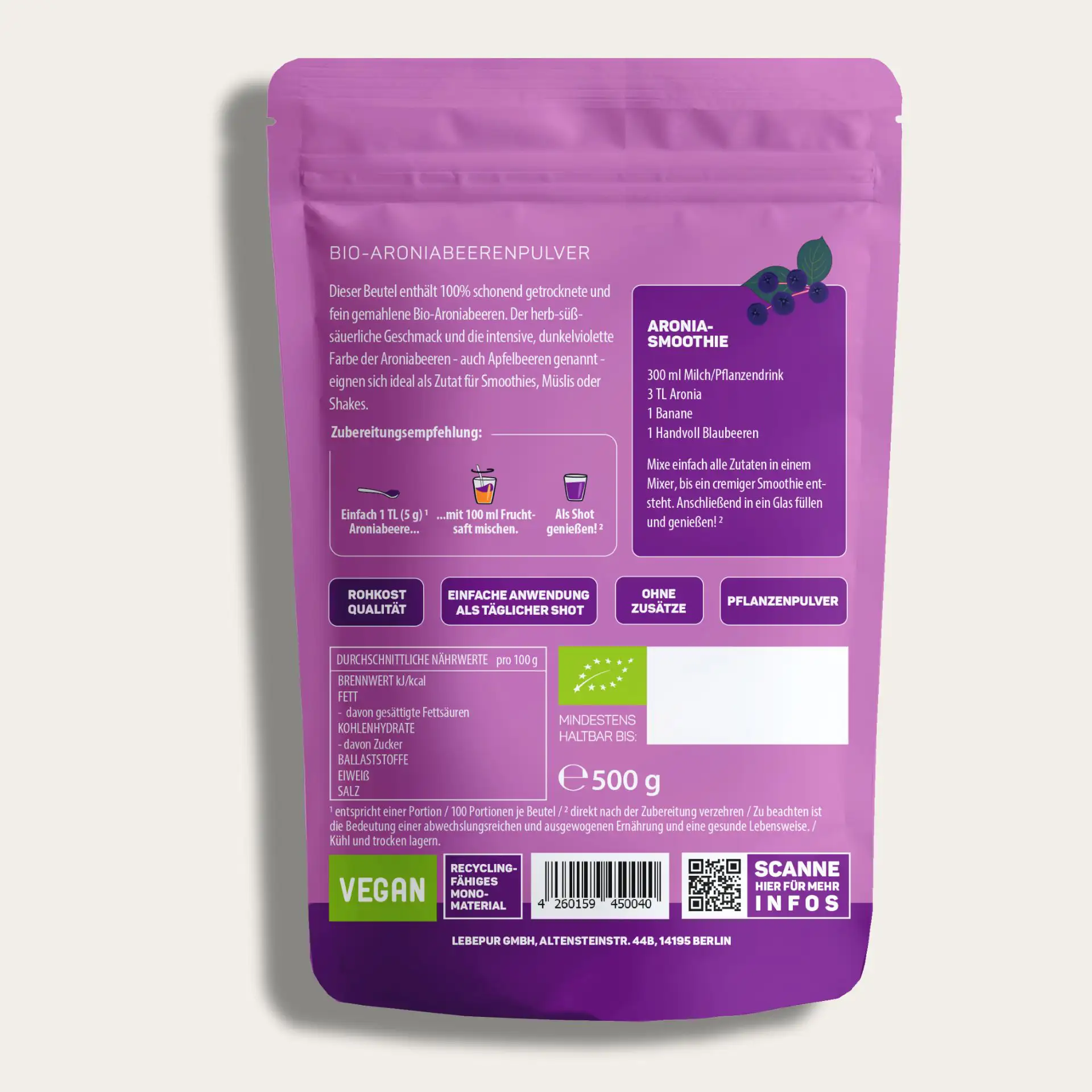 Aronia Pulver 500 g Rückseite