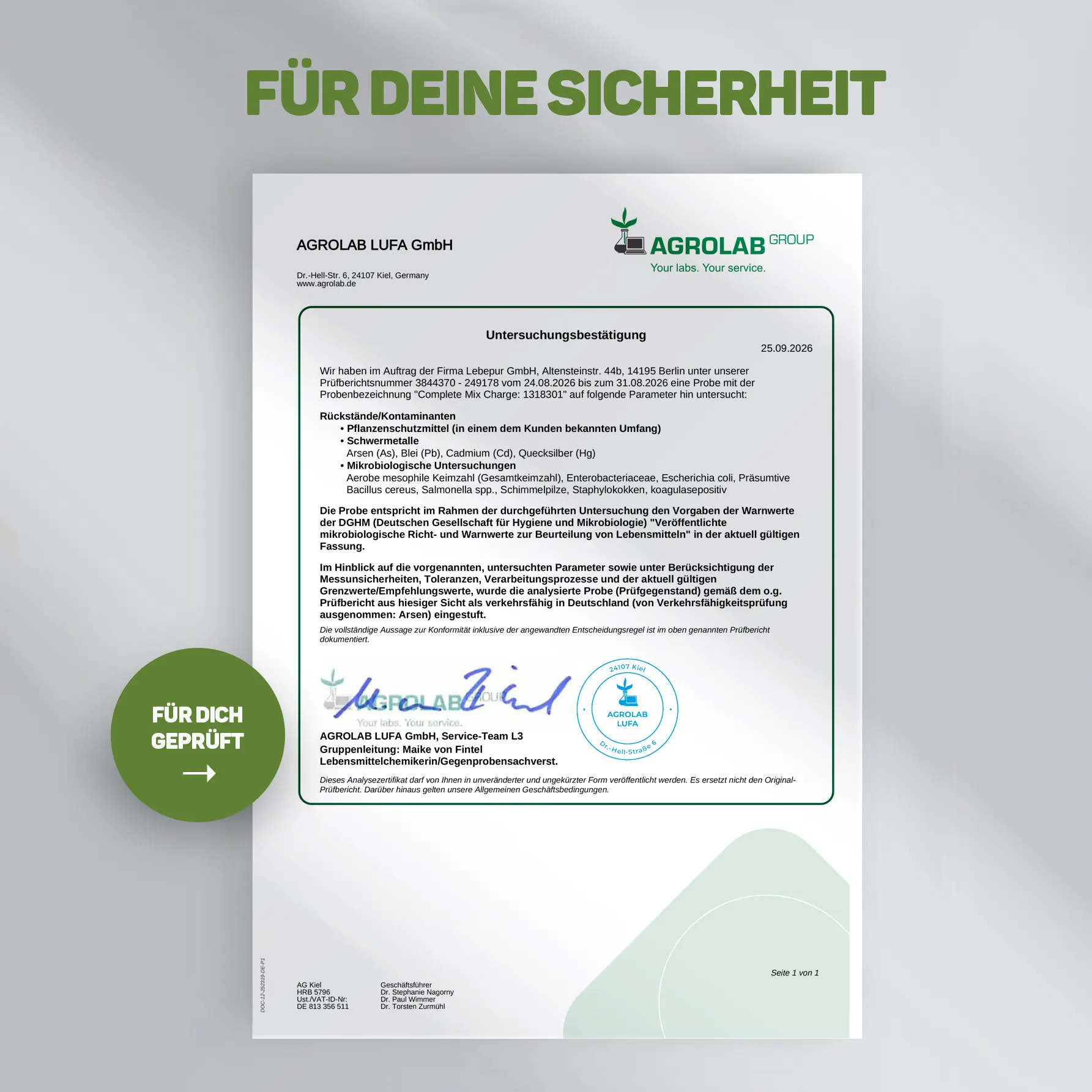 Lebepur Complete Mix - Agrolab Prüfbericht