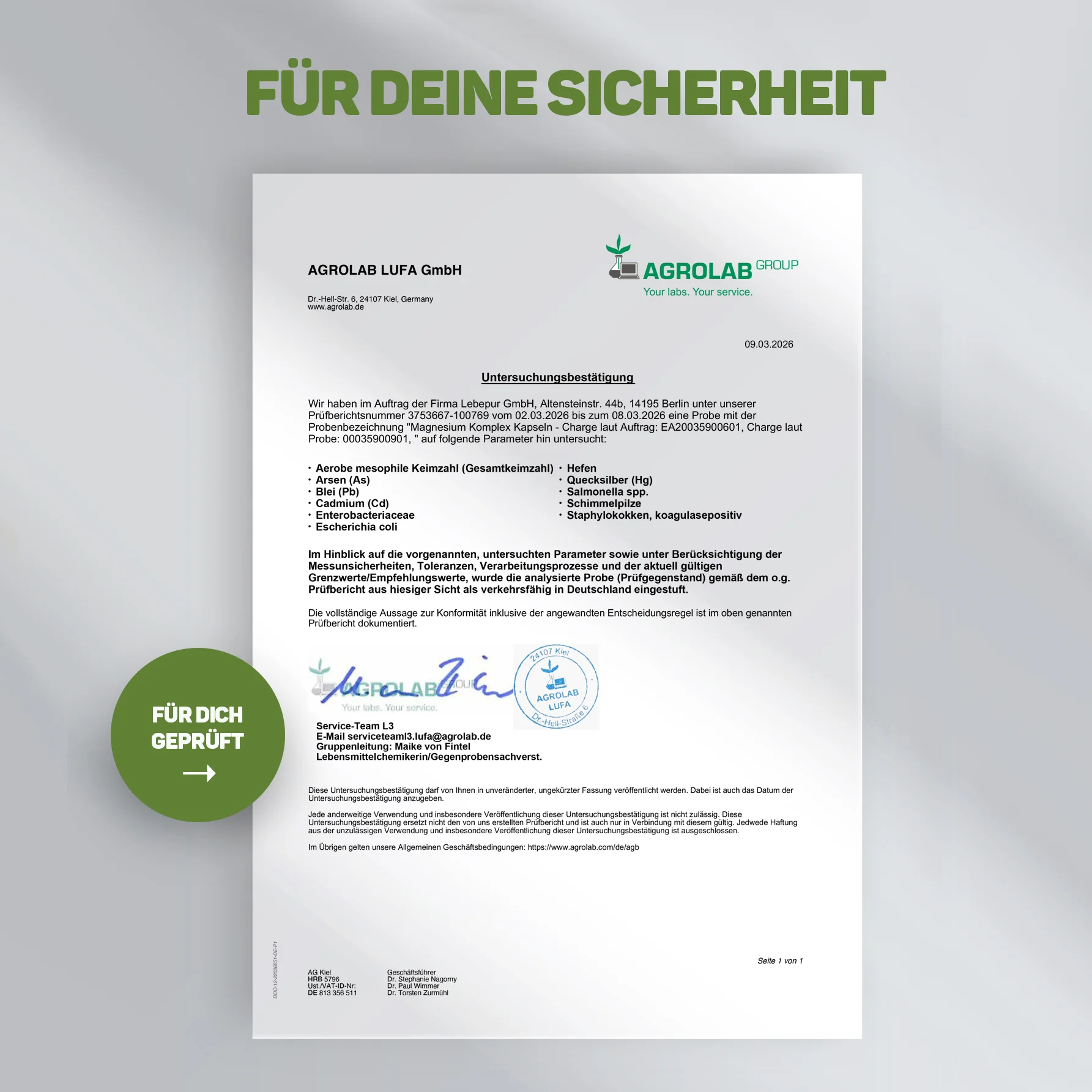 Agrolab-Prüfzertifikat für Lebepur Magnesium Komplex Kapseln – geprüfte Parameter: Schwermetalle und mikrobiologische Reinheit