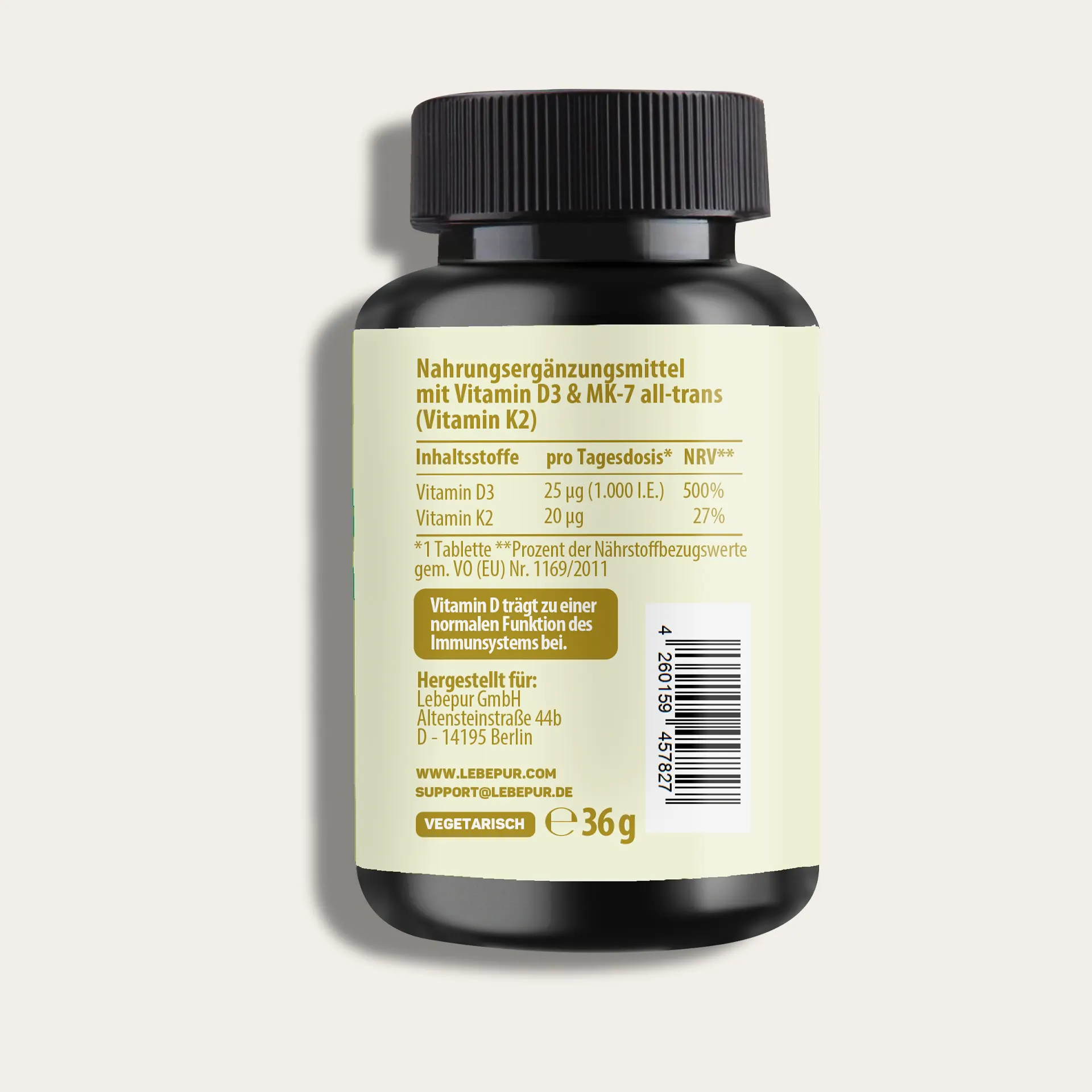 Produktfoto Lebepur Vitamin D3 & K2 Tabletten (180 Stück) – Dose Rückansicht mit Nährwertangaben