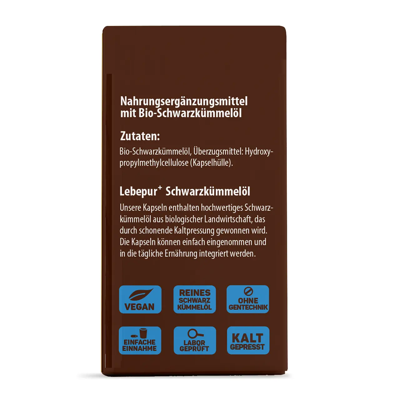 Lebepur Schwarzkümmeloel Kapseln – Faltschachtel Seitenansicht: Zutatenliste, Produktbeschreibung und Qualitäts-Icons