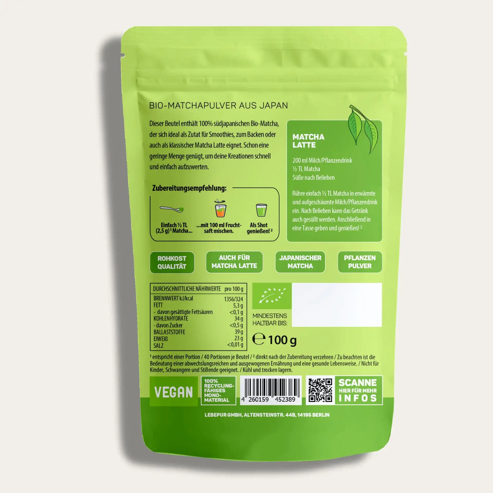 Matcha Pulver (100 g) Rückseite