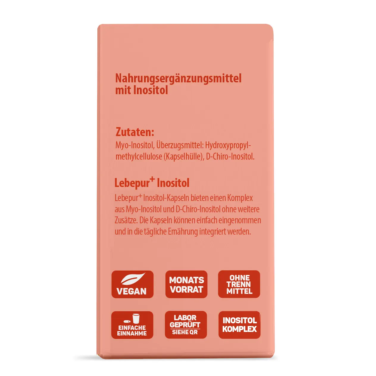 Lebepur Inositol Kapseln – Faltschachtel Seitenansicht: Zutatenliste, Produktbeschreibung und Qualitäts-Icons