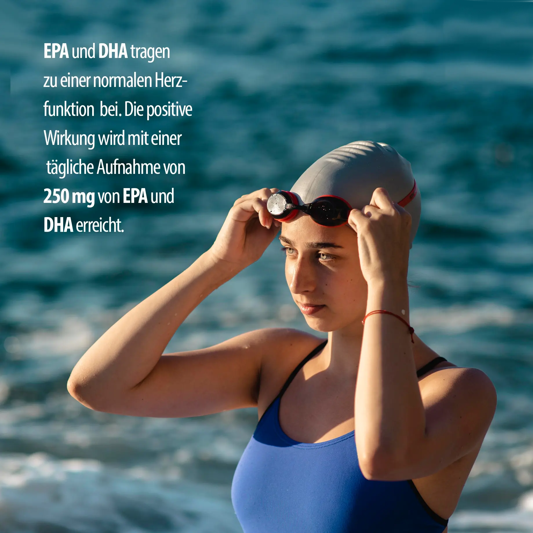 Lebepur Omega 3 Fischöl Kapseln – Schwimmerin mit Claim: EPA und DHA tragen zu einer normalen Herzfunktion bei. Die positive Wirkung wird mit einer täglichen Aufnahme von 250 mg von EPA und DHA erreicht.