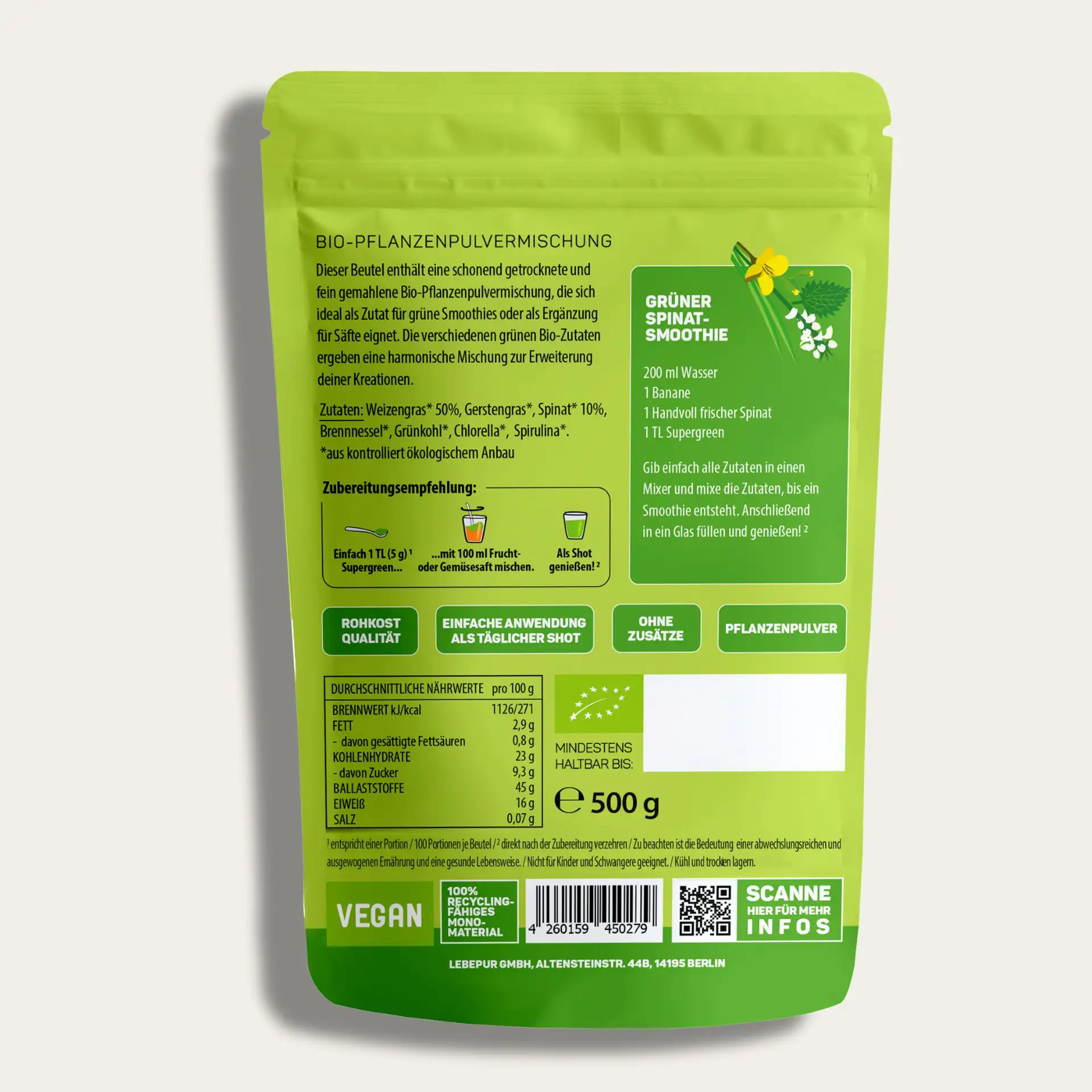 Lebepur Supergreen Pulver 500 g Rückseite