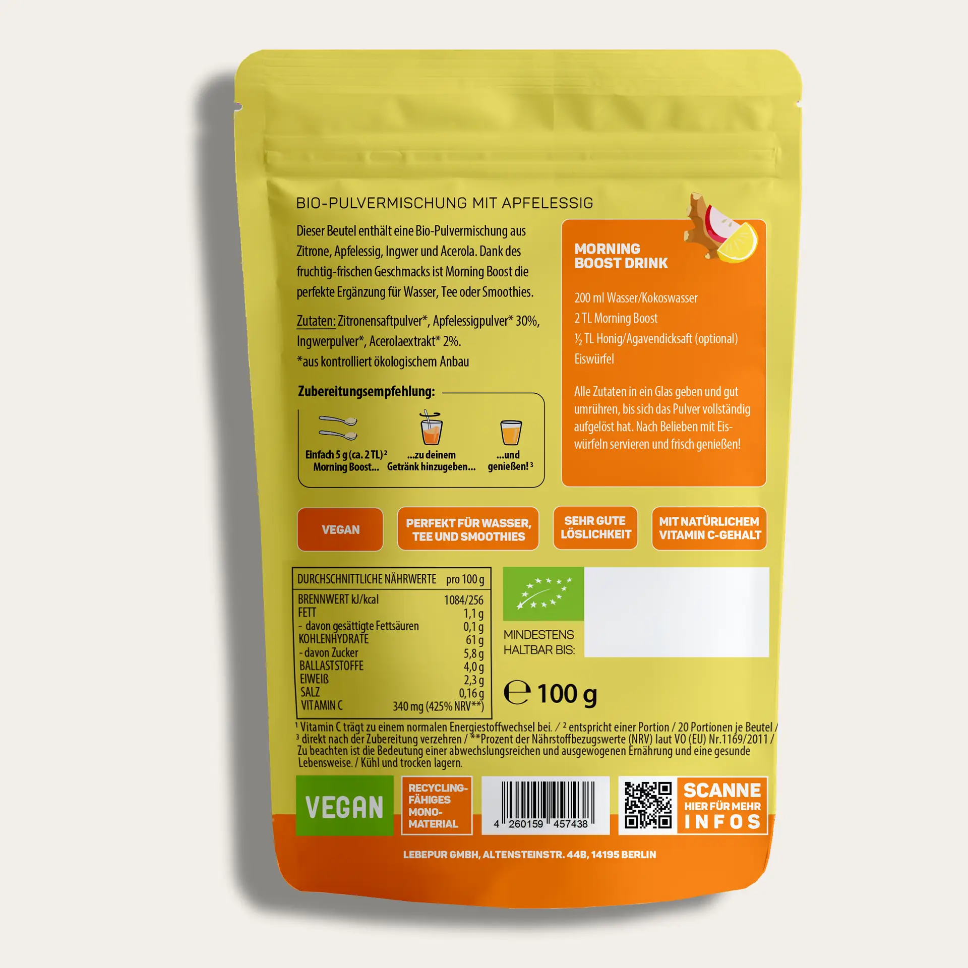 Lebepur Morning Boost 100 g – Zutatenliste, Zubereitungsempfehlung, Hinweise, Rezeptidee und Nährwerttabelle auf der Beutelrückseite