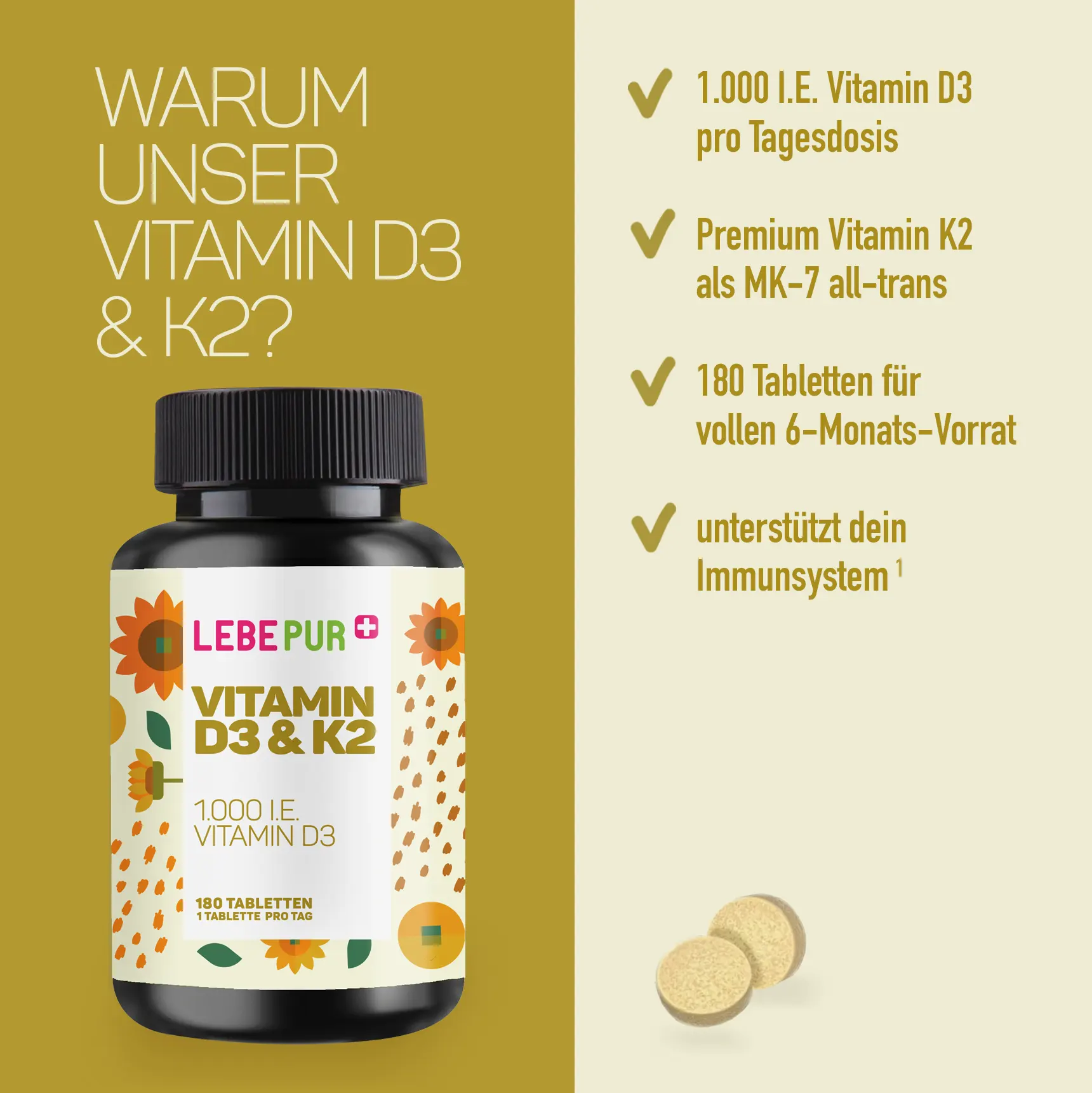 Info-Grafik Lebepur Vitamin D3 & K2 Tabletten (180 Stück) – Vorteile auf einen Blick