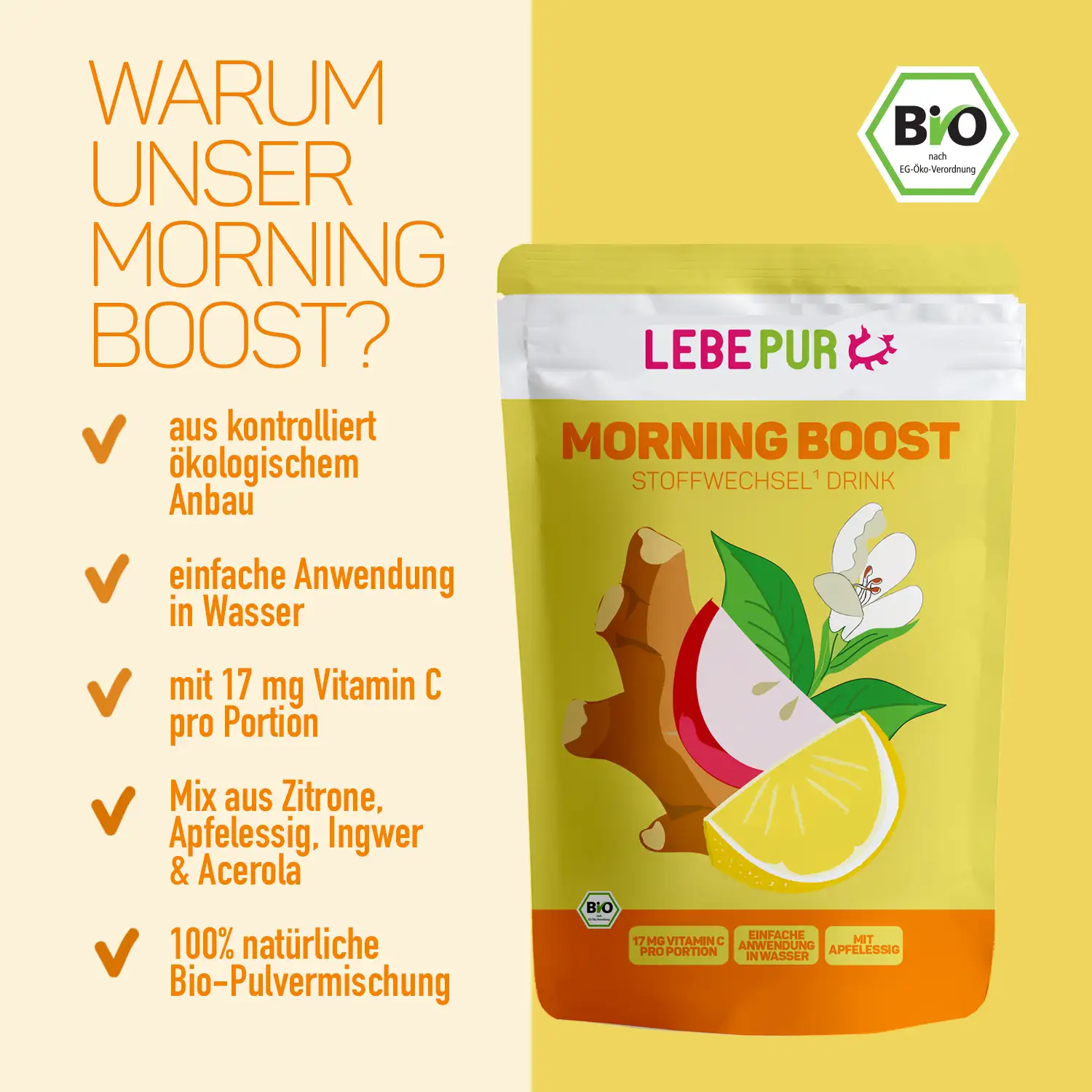Eine Auflistung der Produktvorteile vom Lebepur Morning Boost.