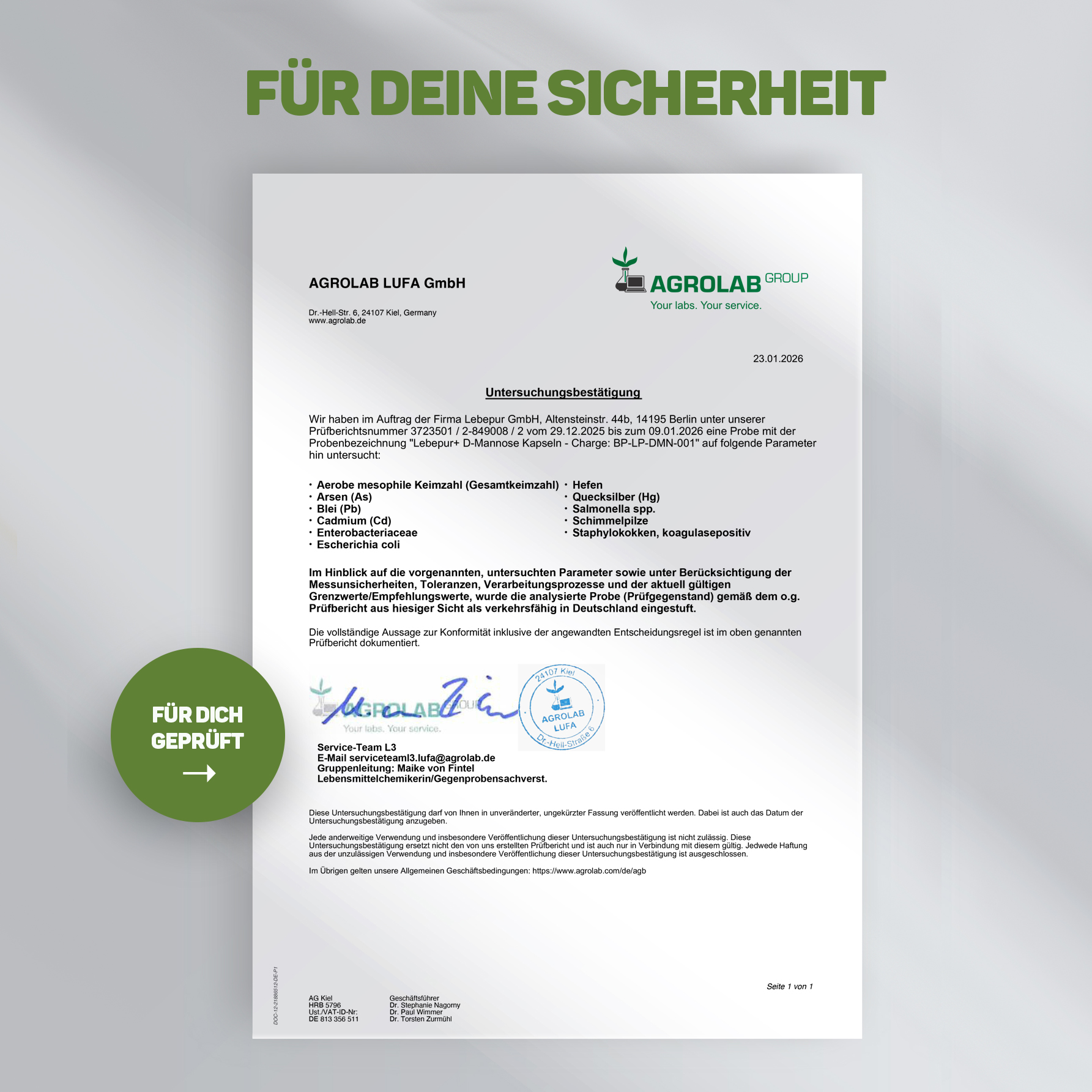 Agrolab-Prüfzertifikat für Lebepur D-Mannose Kapseln – geprüfte Parameter: Schwermetalle und mikrobiologische Reinheit