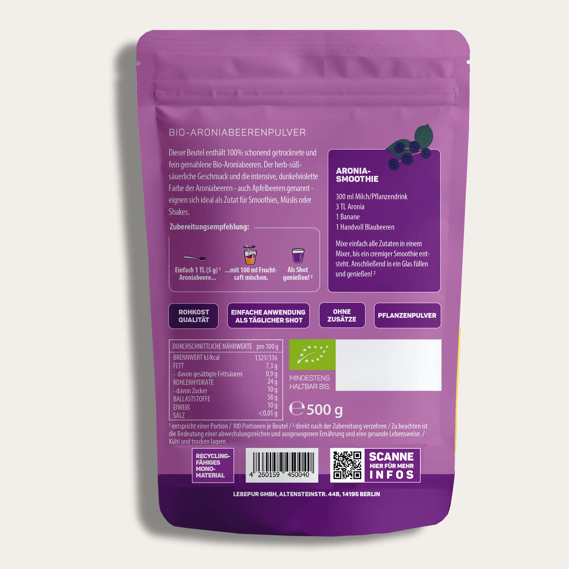 Aronia Pulver 500 g Rückseite