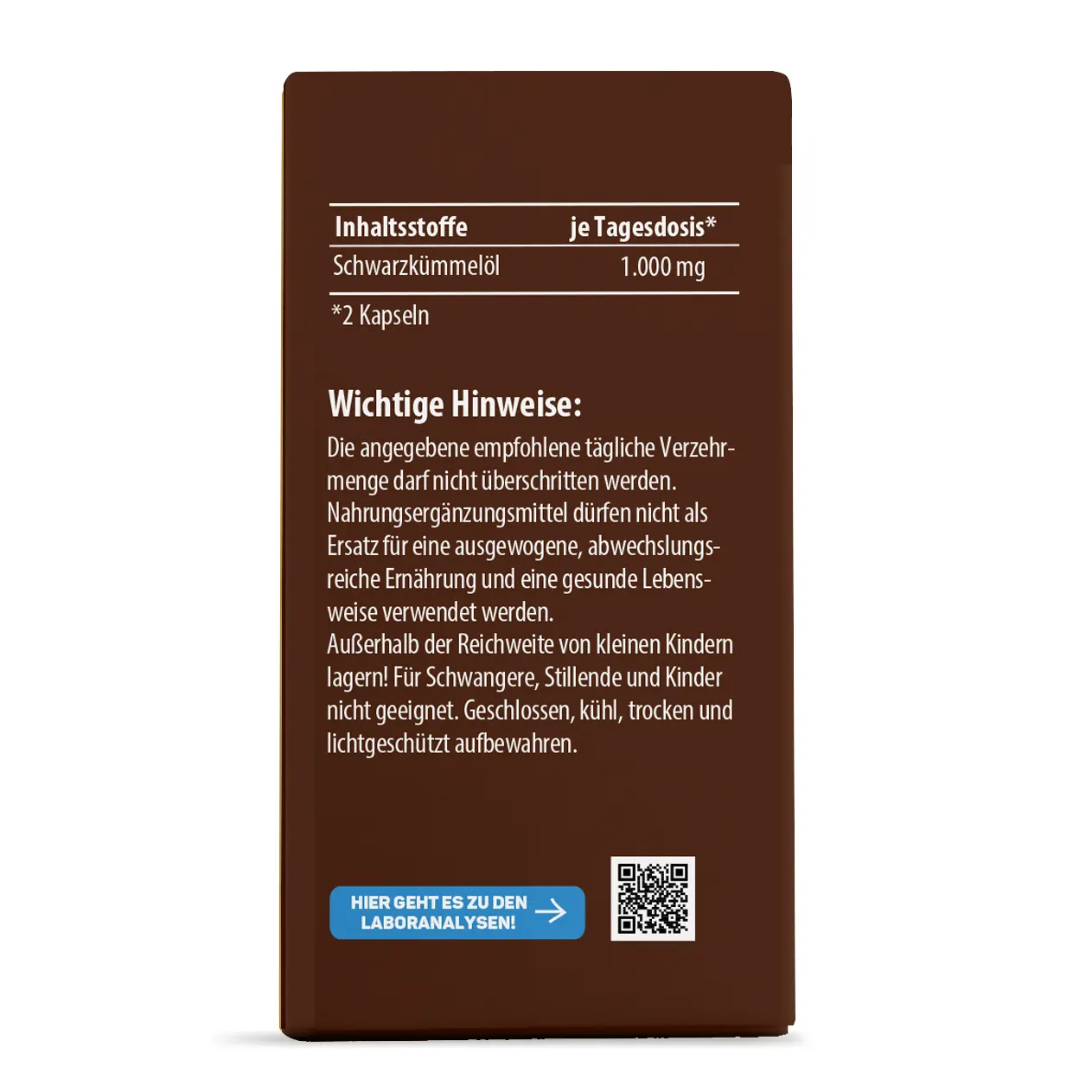 Lebepur Schwarzkuemmeloel Kapseln – Faltschachtel Seitenansicht: Inhaltsstofftabelle und wichtige Hinweise