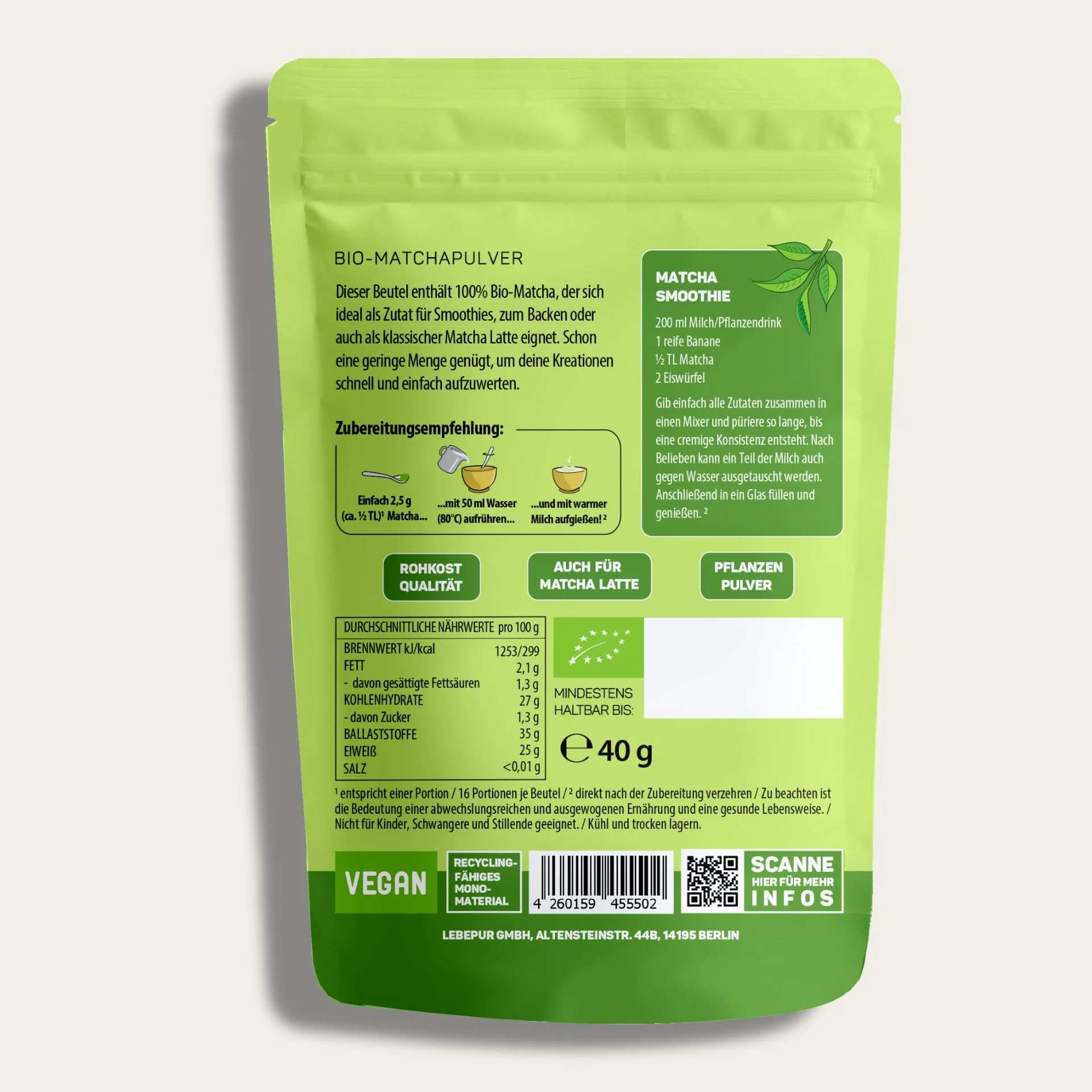 Matcha Pulver (40 g) Rückseite