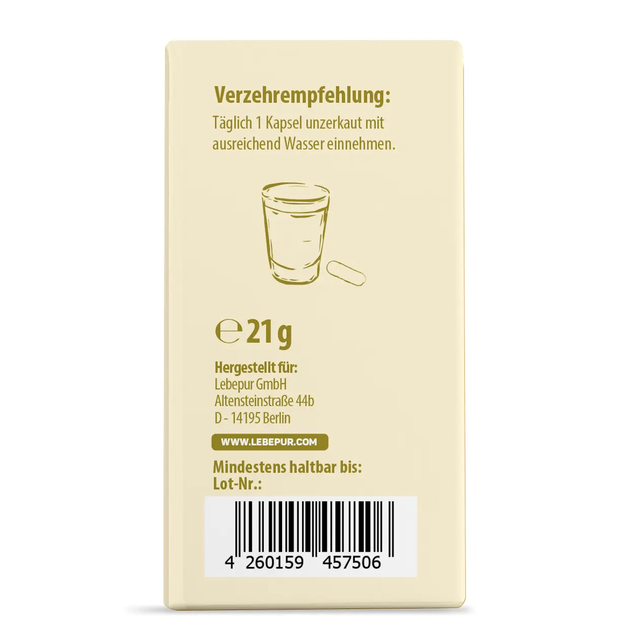 Lebepur Vitamin C Kapseln – Faltschachtel Seitenansicht: Verzehrempfehlung und Pflichtangaben