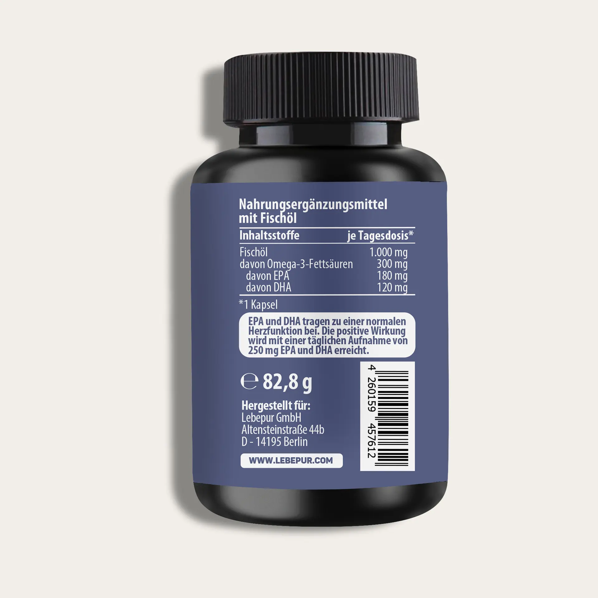 Lebepur Omega 3 Fischöl Kapseln – Nährwert- und Inhaltsstofftabelle auf der Dosenrückseite