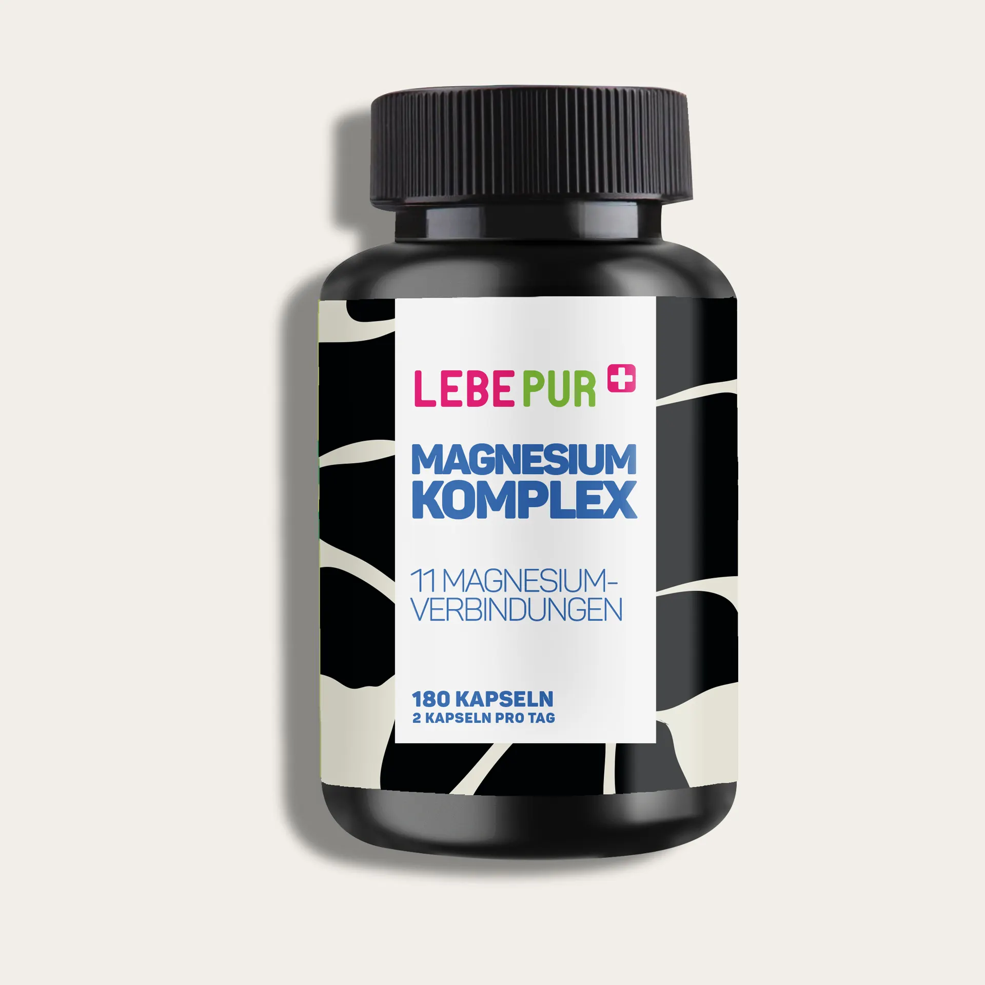 Packshot Lebepur Magnesium Komplex Kapseln (180 Stück) – Dose, Vorderansicht mit Aufschrift 11 Magnesium-Verbindungen und 180 Kapseln