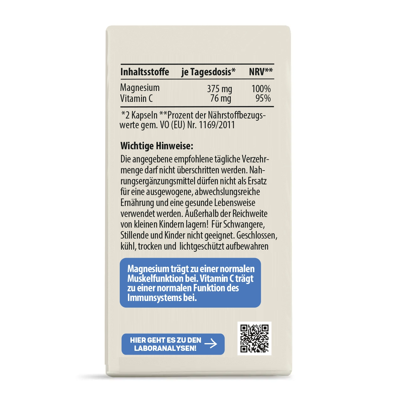 Faltschachtel Lebepur Magnesium Komplex Kapseln – Rückseite mit Nährwerttabelle (375 mg Magnesium, 76 mg Vitamin C) und wichtigen Hinweisen