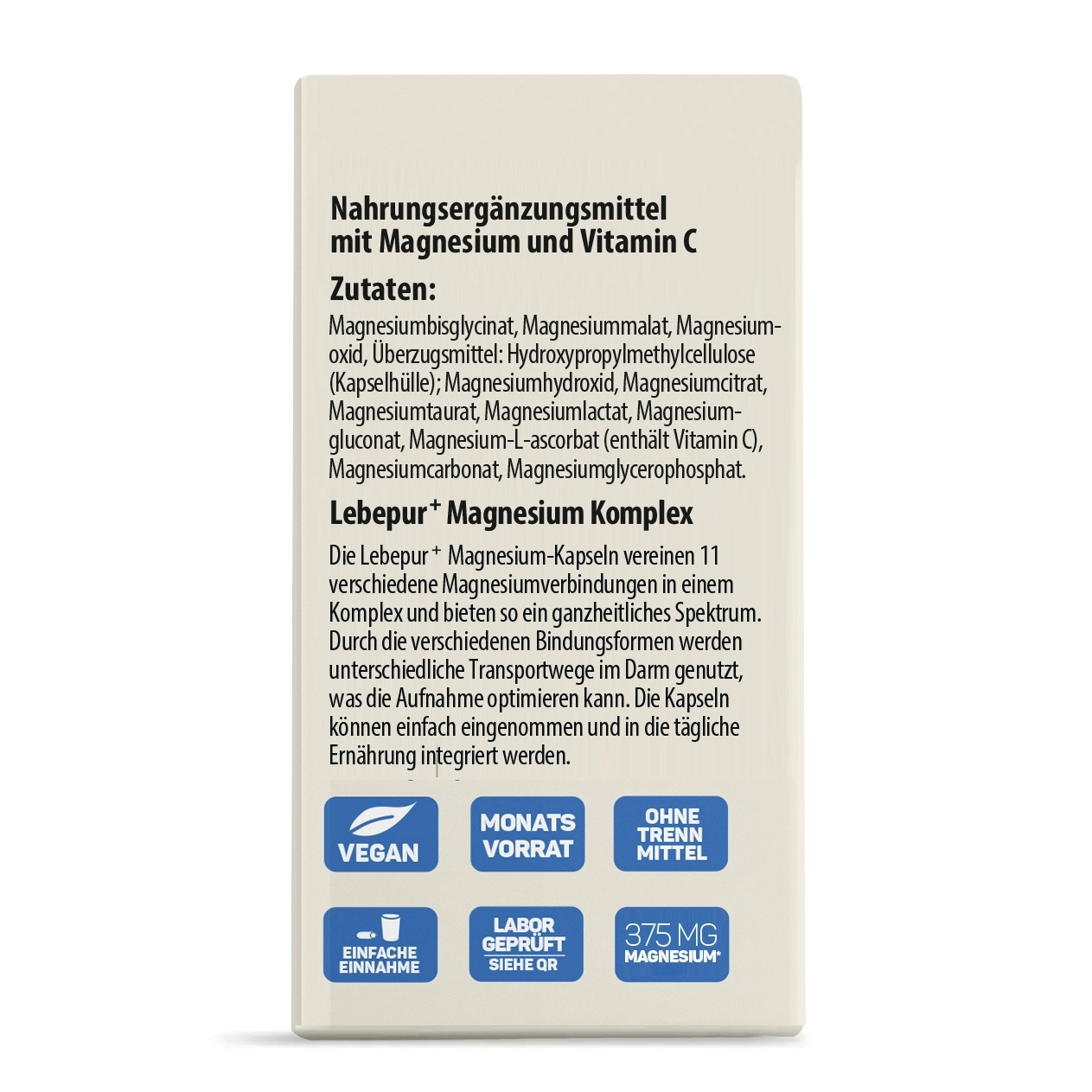 Faltschachtel Lebepur Magnesium Komplex Kapseln – Seitenansicht mit Zutatenliste der 11 Magnesiumverbindungen und Produktbeschreibung