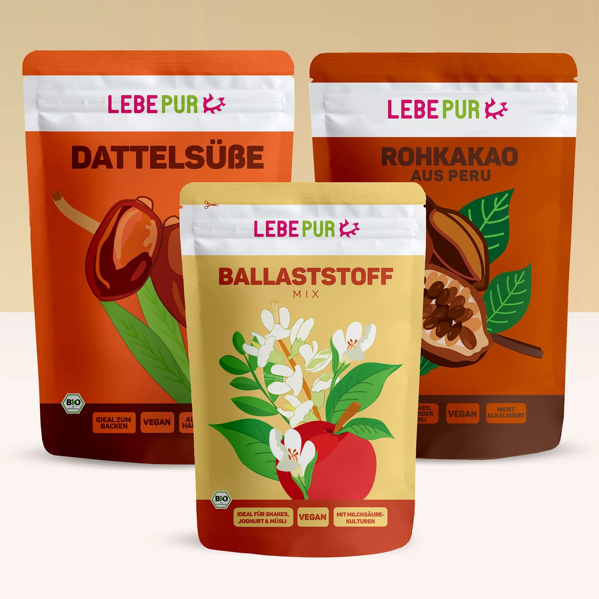 Lebepur Balanced Baking Set - Abbildung der VVerpackungsvorderseite von Ballaststoff Mix, Dattelsüße und rohkakao