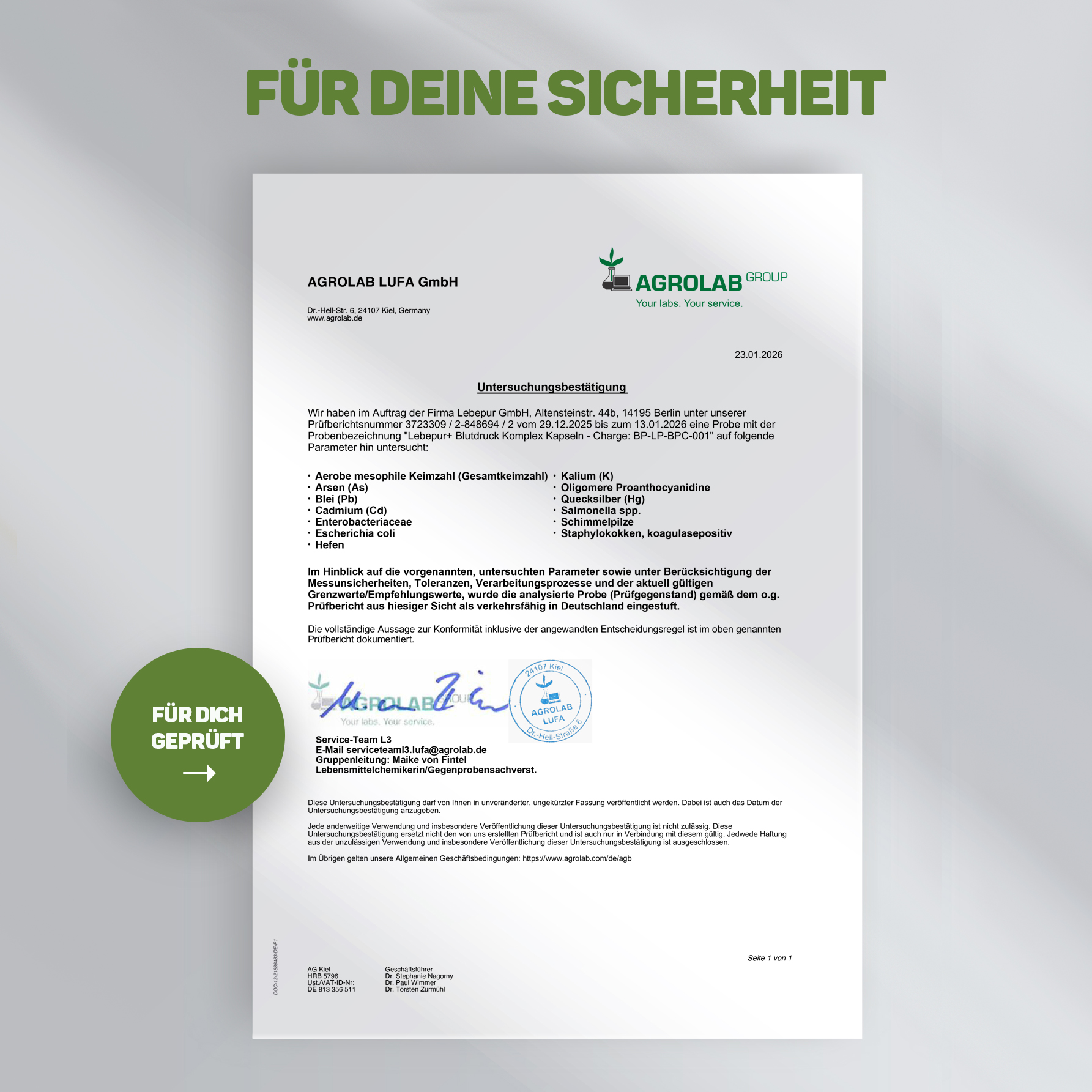 Agrolab-Prüfzertifikat für Lebepur Blutdruck Komplex Kapseln – geprüfte Parameter: Kalium, Schwermetalle und mikrobiologische Reinheit