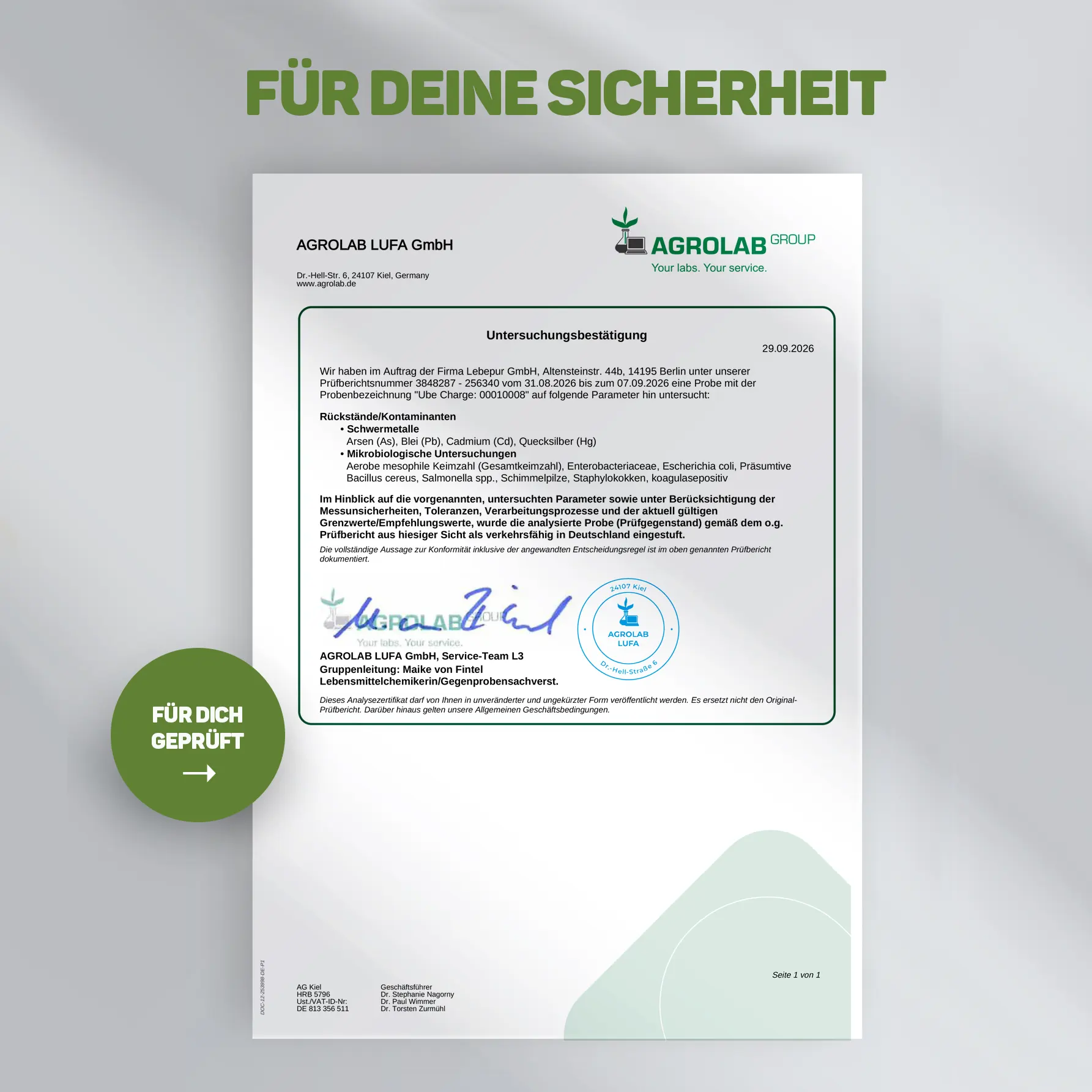 Lebepur Ube Pulver Agrolab Prüfbericht