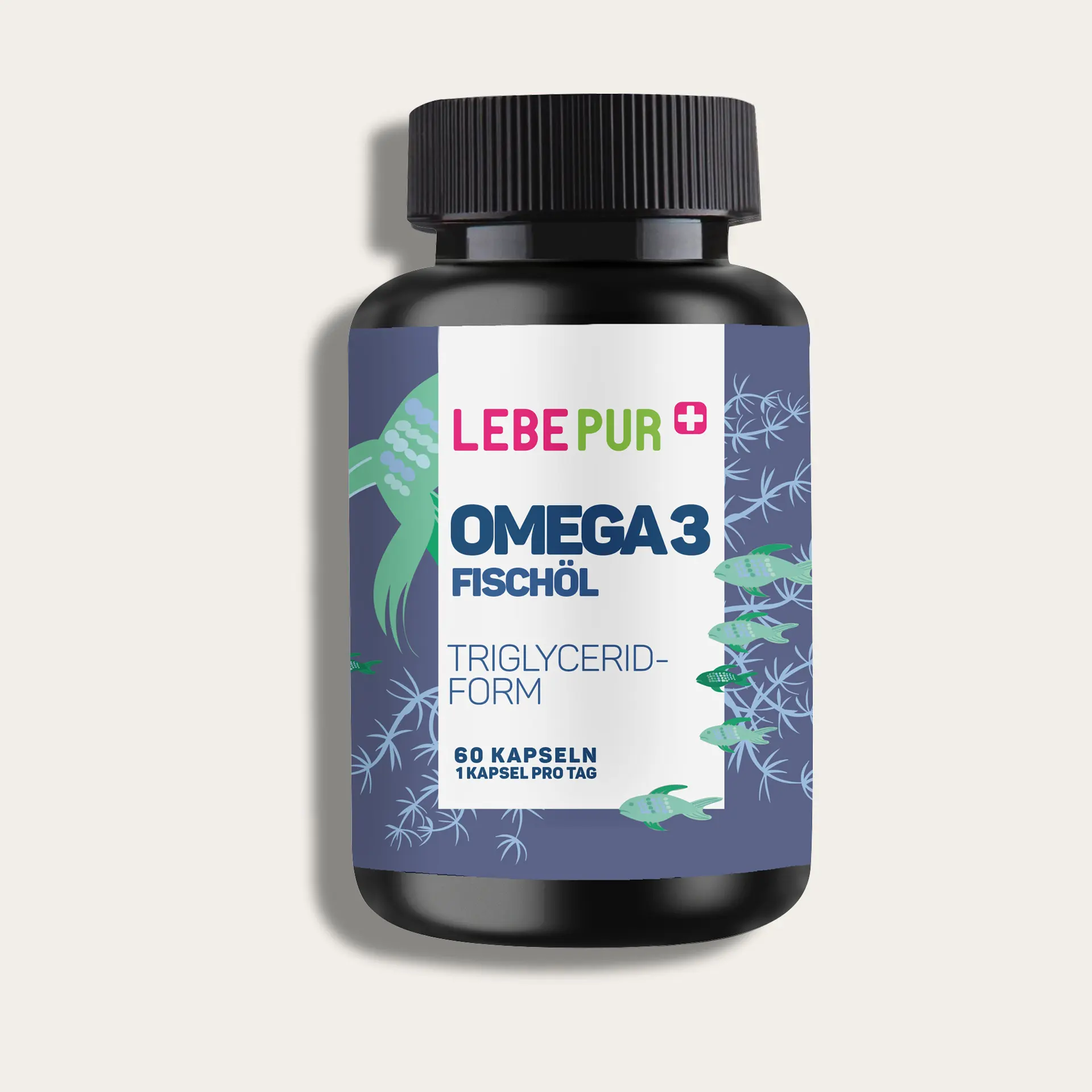 Lebepur Omega 3 Fischöl Kapseln – 60er-Dose, Vorderansicht