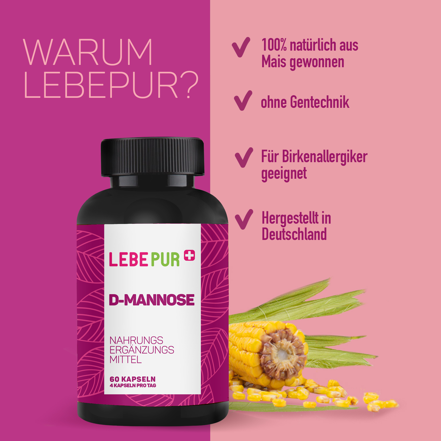 Lebepur D-Mannose Kapseln – Infografik mit den wichtigsten Produktvorteilen