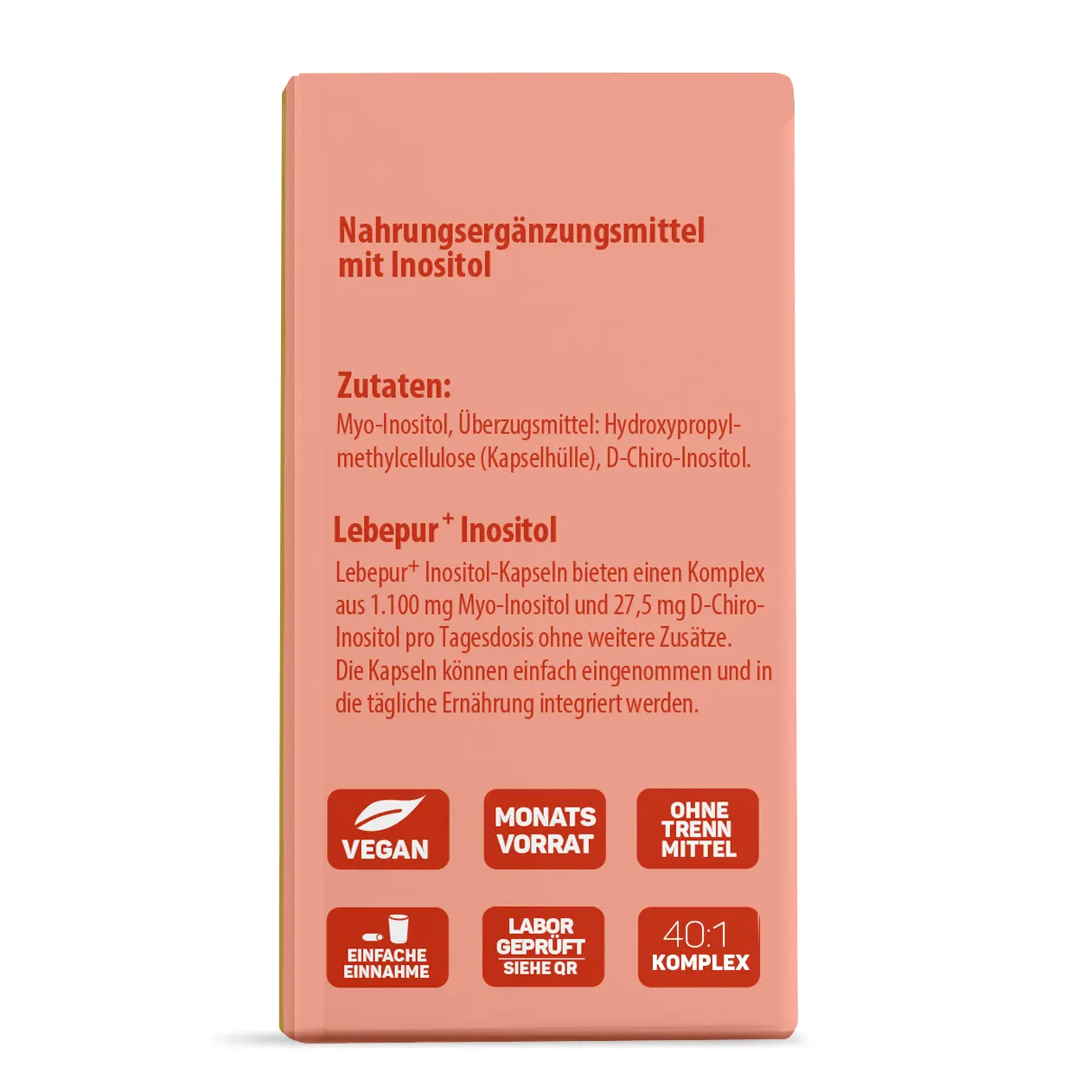 Lebepur Inositol Kapseln – Faltschachtel Seitenansicht: Zutatenliste, Produktbeschreibung und Qualitäts-Icons