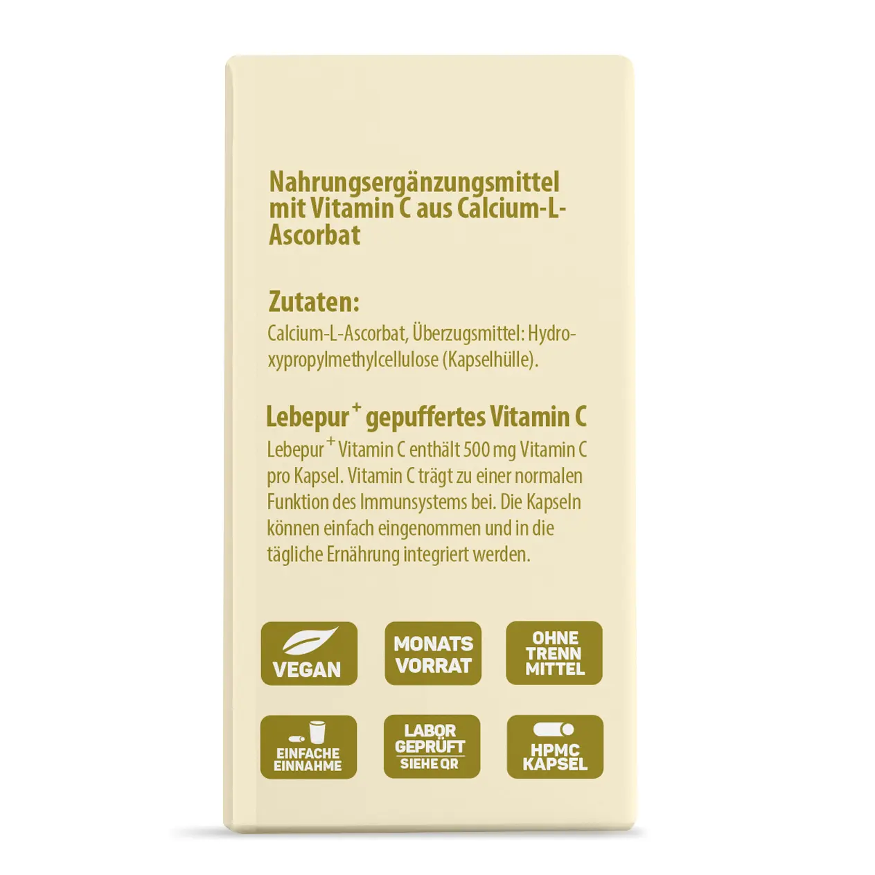 Lebepur Vitamin C Kapseln – Faltschachtel Seitenansicht: Zutatenliste, Produktbeschreibung und Qualitäts-Icons