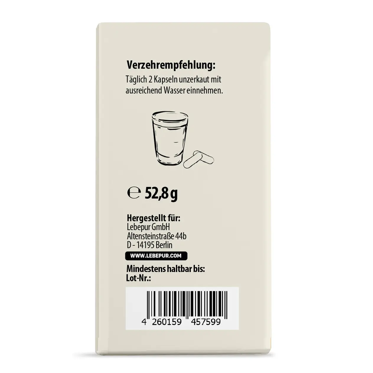 Lebepur Magseium Kapslen Packung Verzehrempfehlung