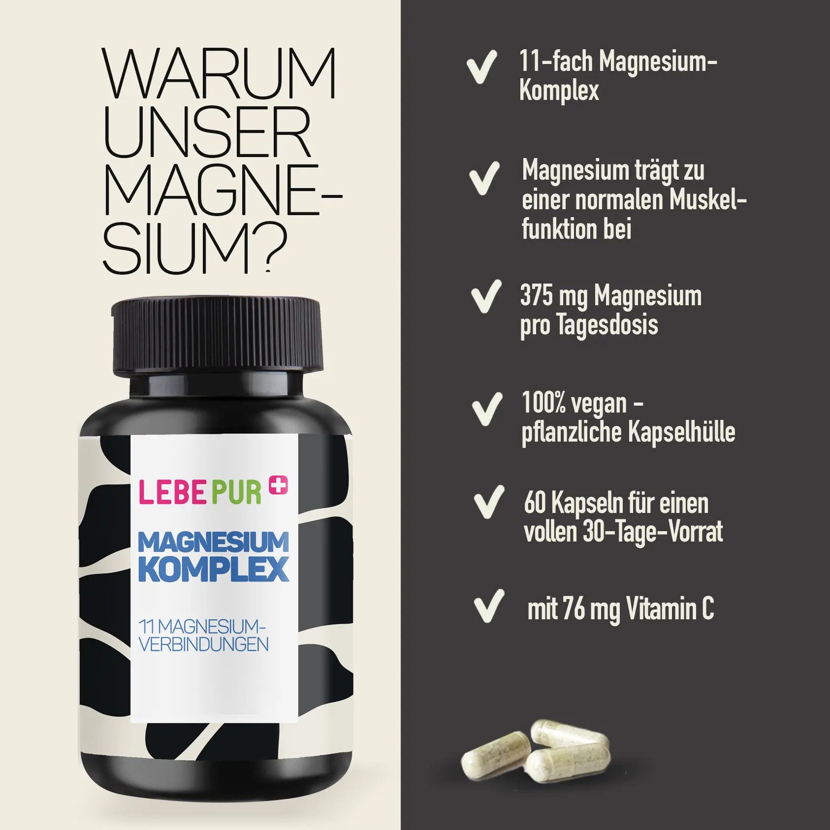 Produktvorteile-Infografik Lebepur Magnesium Komplex Kapseln – Warum unser Magnesium? Dose und Kapseln mit Produktvorteilen