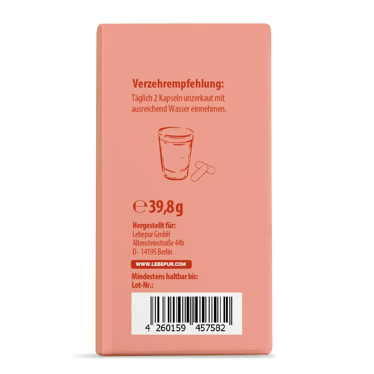 Lebepur Inositol Kapseln – Faltschachtel Seitenansicht: Verzehrempfehlung und Pflichtangaben