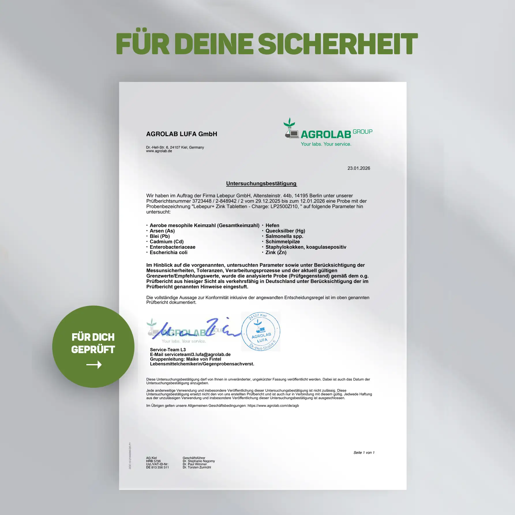 Lebepur Zink Tabletten Prüfzertifikat